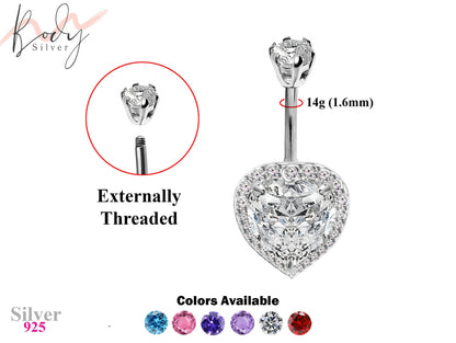 Designer Belly Button Rings- Silver - Heart Design Belly Bars with studded CZ Crystals - Navel Ring - 14g (1.6mm)