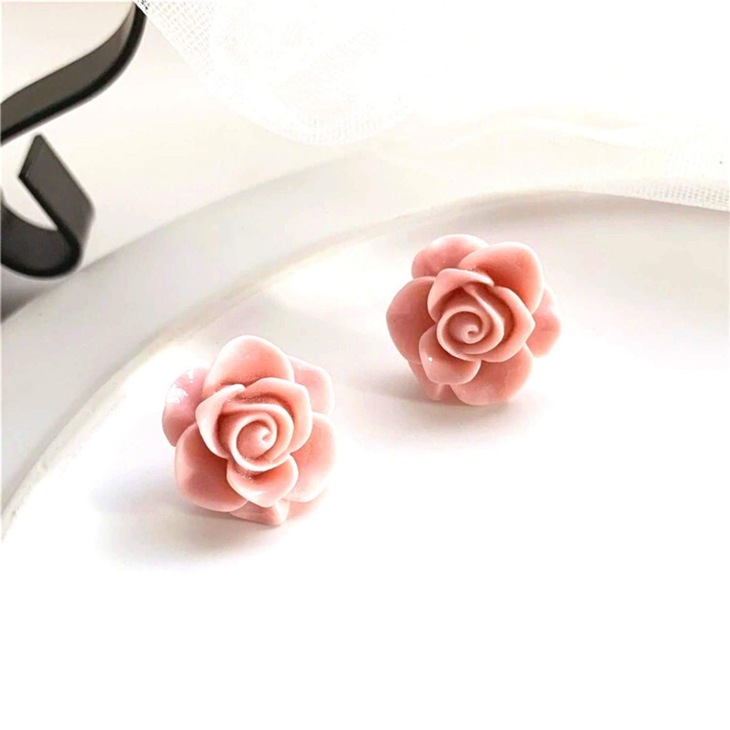 Rose Stud Flower Earrings - 1 Pair Floral Earrings - Resin Flower