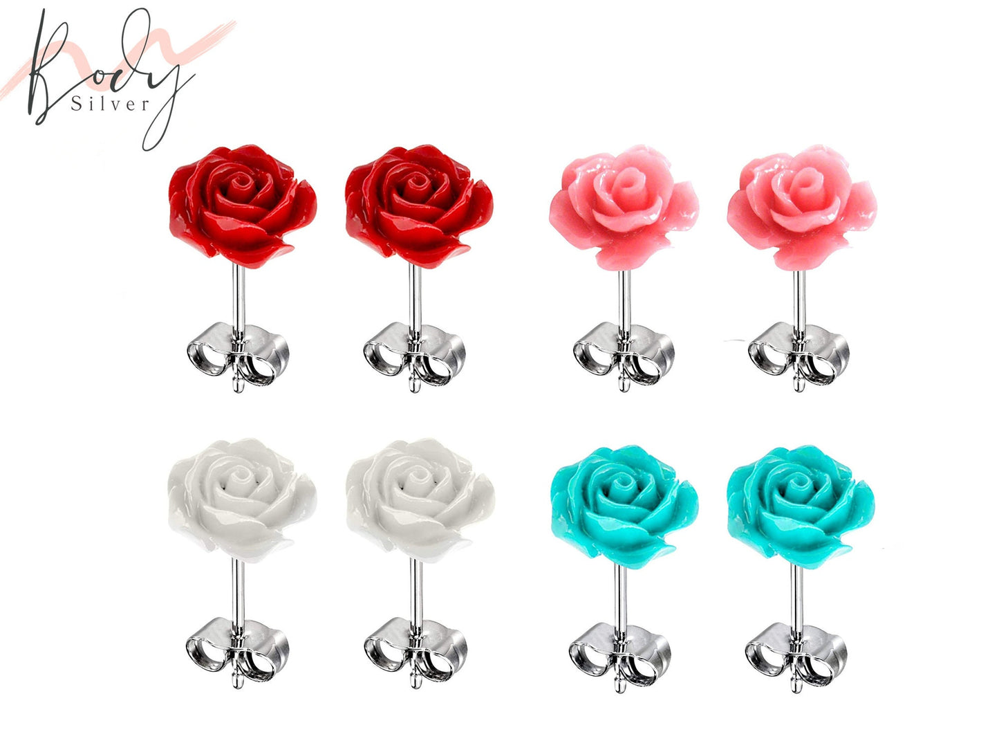 Rose Stud Flower Earrings - 1 Pair Floral Earrings - Resin Flower