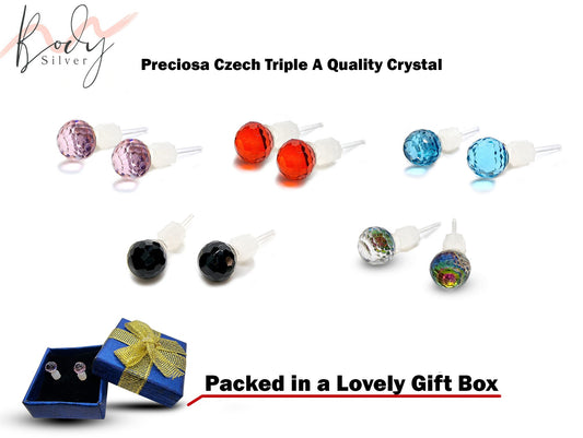 Plastic Post Round Stud Earrings for Sensitive Ears with Round Glass Cut Crystal - 1 Pair of Hypo Allergenic Earrings