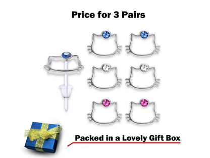 Plastic Post Earrings for Sensitive Ears - 3 Pairs of Hypo Allergenic Earrings in many different Styles with CZ Crystals