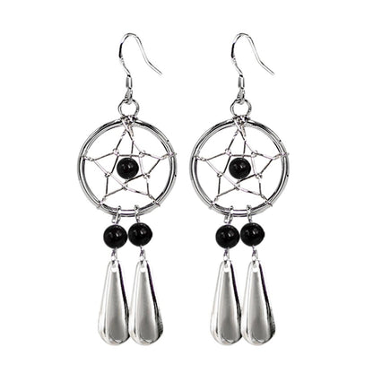 Dreamcatcher Teardrop Earrings in Silver with Natural Stone Beads - Enchanting Dangle Native American Dreamcatcher Charm