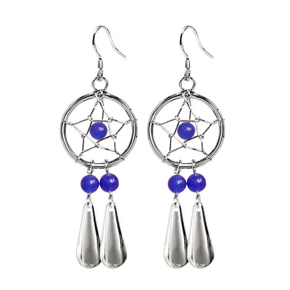 Dreamcatcher Teardrop Earrings in Silver with Natural Stone Beads - Enchanting Dangle Native American Dreamcatcher Charm