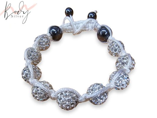 White Braided Handmade Bracelet with Ball Filled with CZ Crystals - Macramé bracelet - Adjustable size in any Wrist