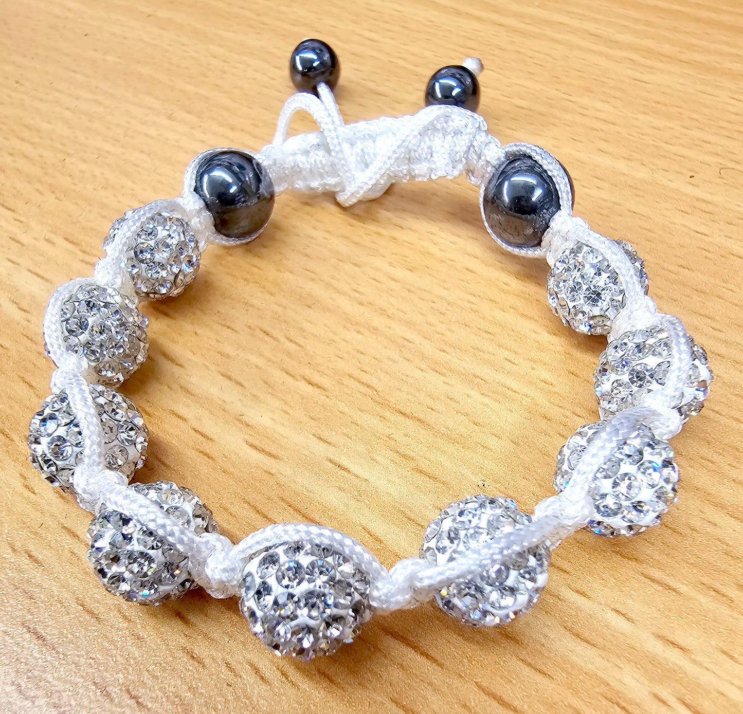 White Braided Handmade Bracelet with Ball Filled with CZ Crystals - Macramé bracelet - Adjustable size in any Wrist