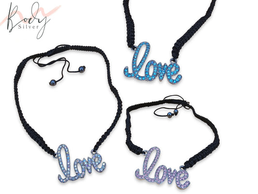 Love Word Braided Necklace with CZ Crystals and Hematite Beads - Macramé Style - Adjustable size