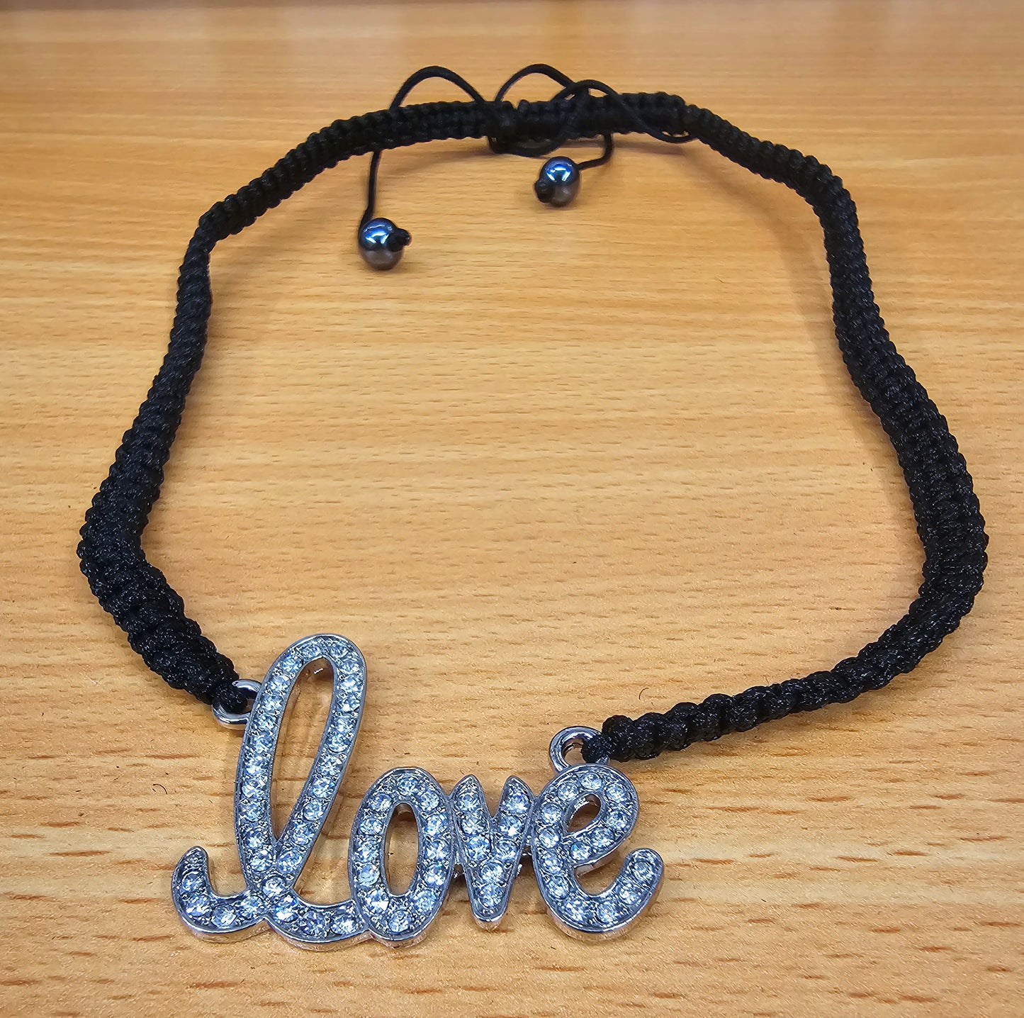 Love Word Braided Necklace with CZ Crystals and Hematite Beads - Macramé Style - Adjustable size