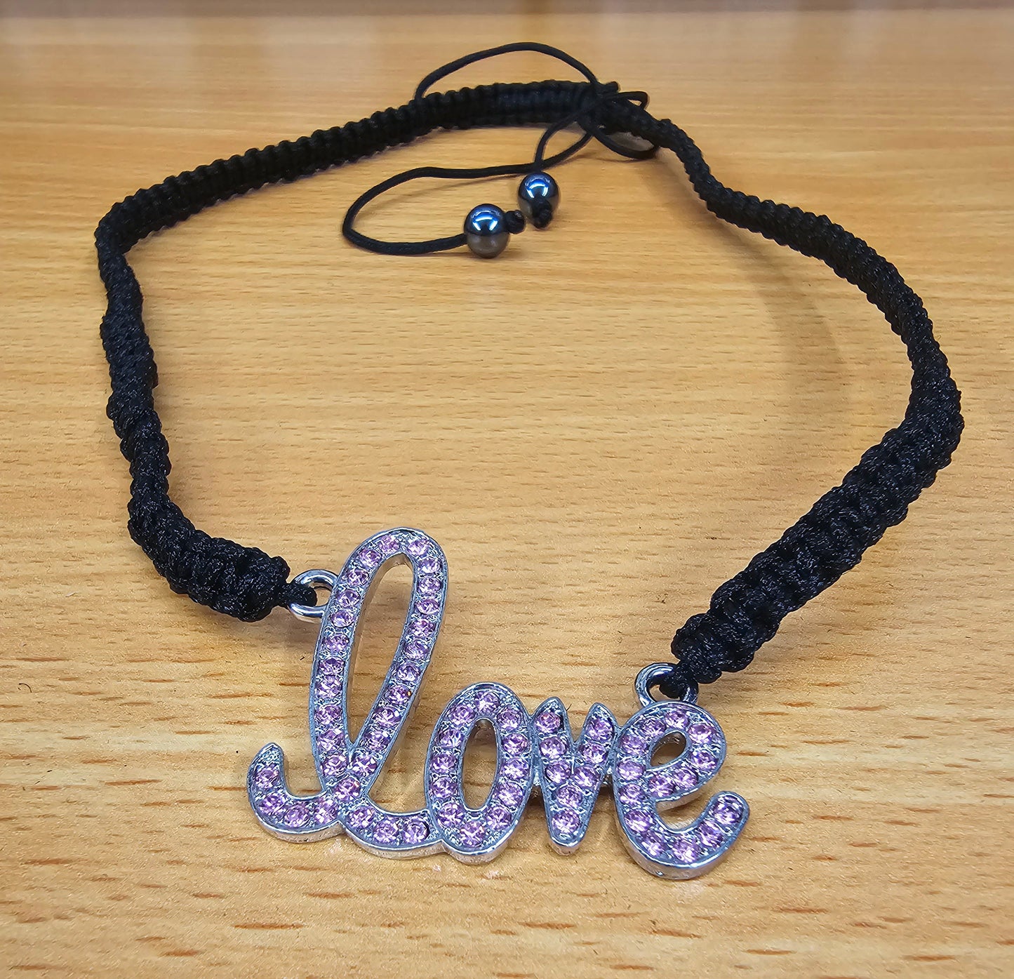 Love Word Braided Necklace with CZ Crystals and Hematite Beads - Macramé Style - Adjustable size