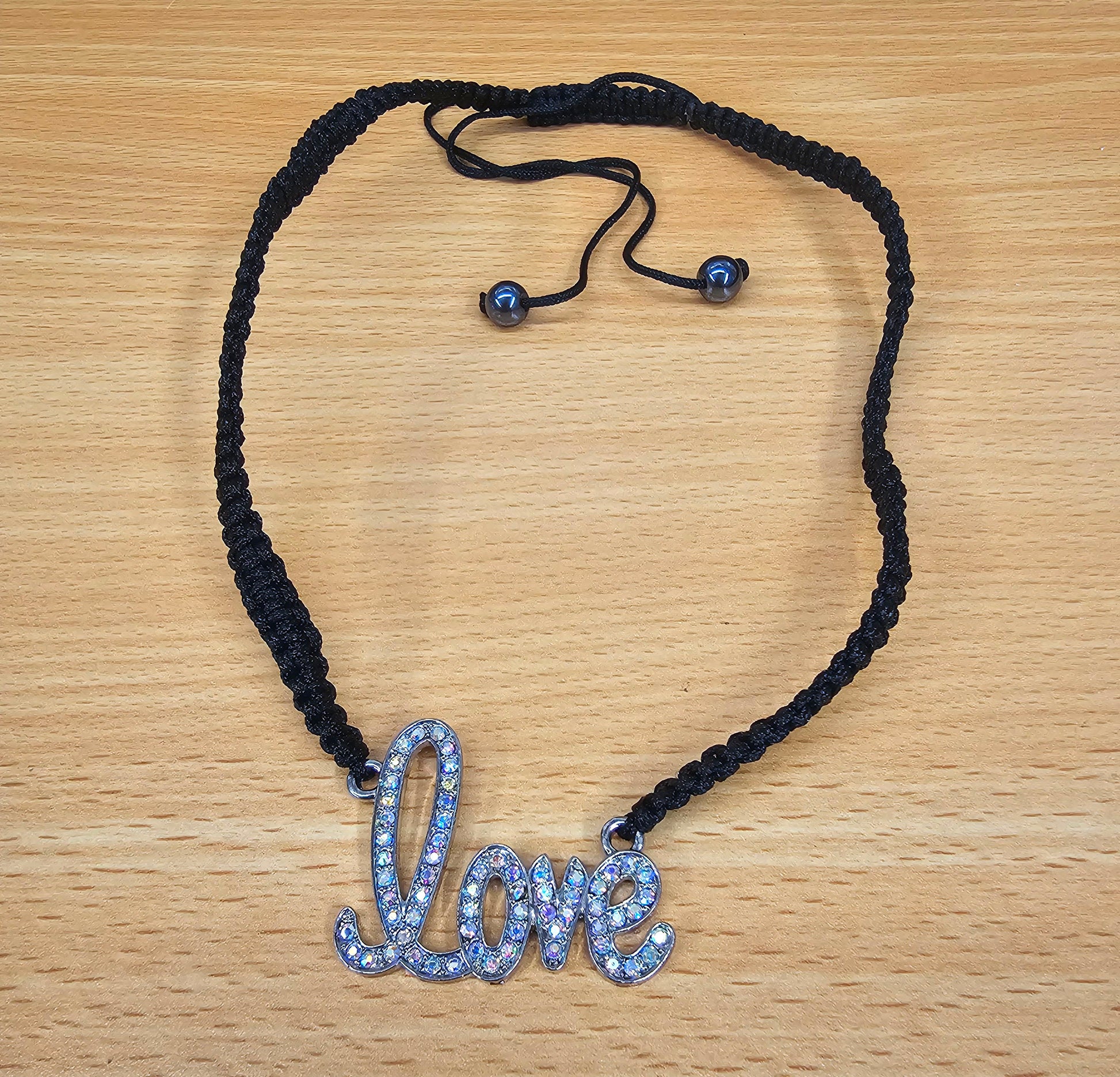 Love Word Braided Necklace with CZ Crystals and Hematite Beads - Macramé Style - Adjustable size