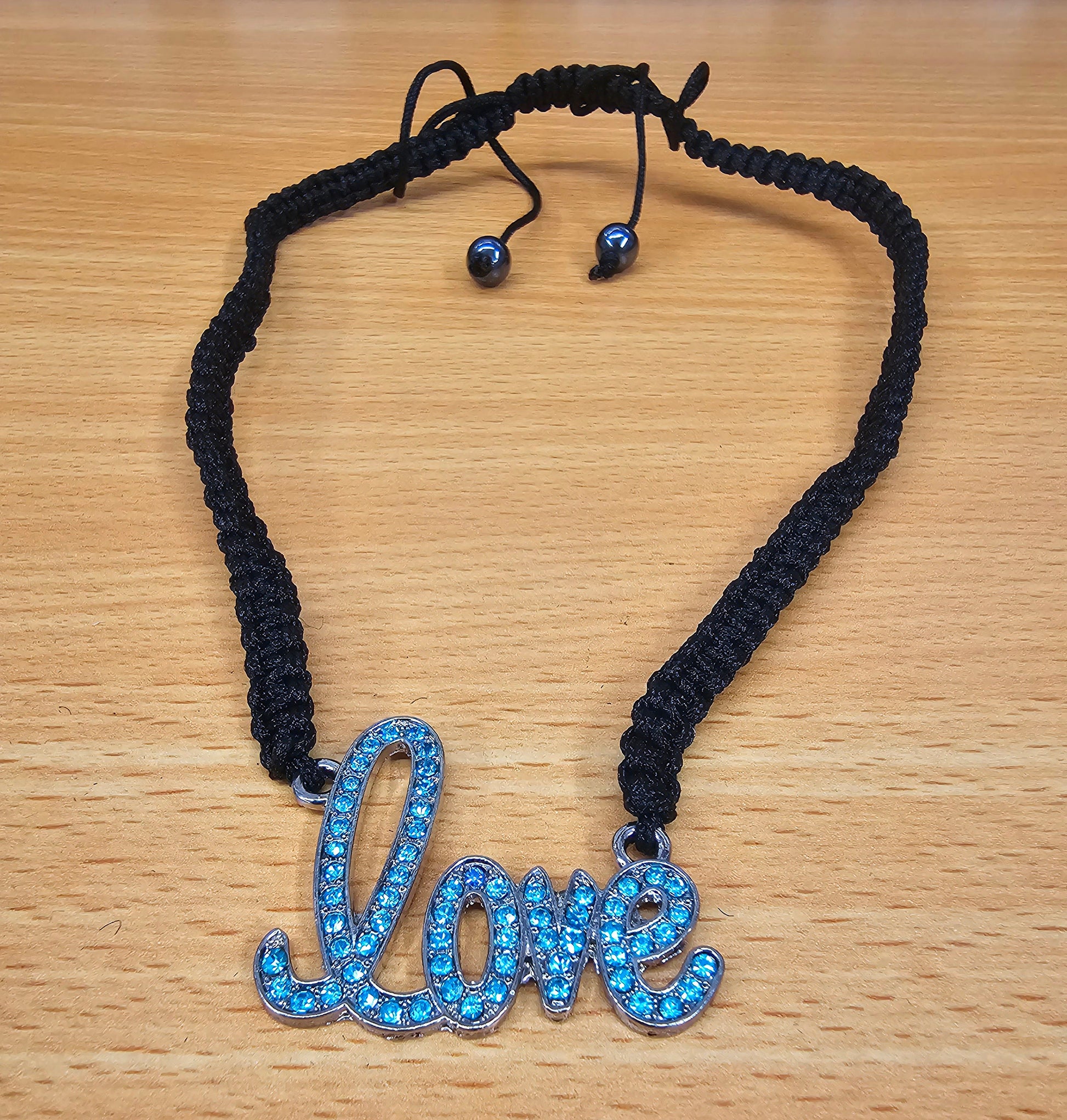 Love Word Braided Necklace with CZ Crystals and Hematite Beads - Macramé Style - Adjustable size