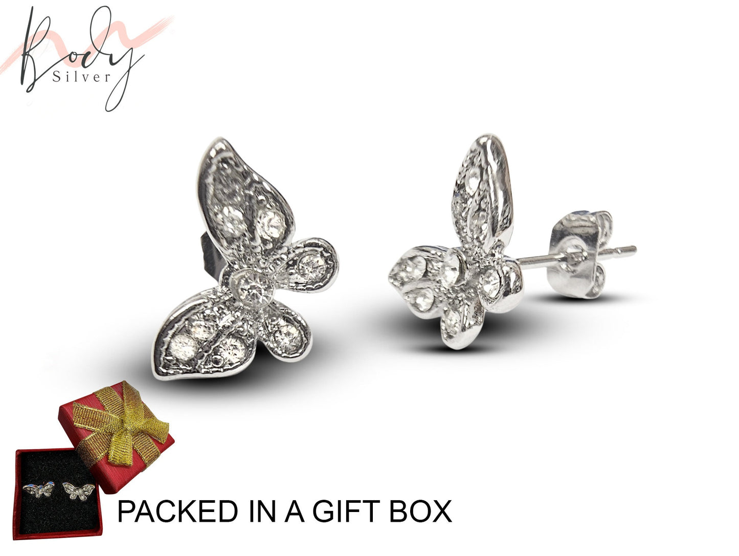 Butterfly Stud Earring with CZ Crystals - Fluttering Beauty - Statement Earrings - Butterfly Studs for Nature Lovers - Packed in a Gift Box