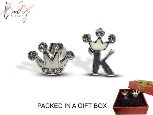 King and Queen Crown Stud Earrings with CZ Crystals - Elegant Earring Sets - Packed in a Gift Box