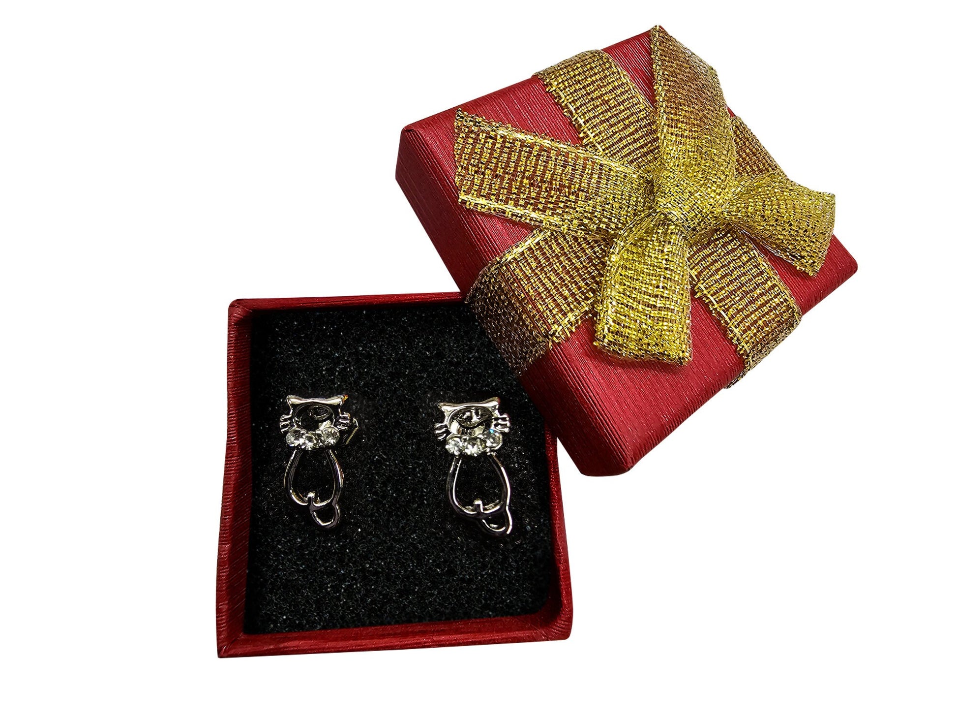 Cat Stud Earrings with CZ Crystals - Sparkling Cat Shaped Earrings - Kittens - Packed in a Gift Box