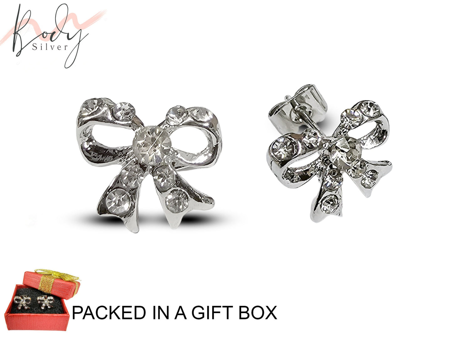 Bow Stud Earrings with CZ Crystals - Sparkling Ribbon Shaped Earrings - Kittens - Packed in a Gift Box