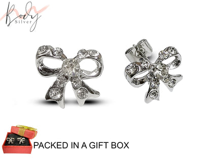 Bow Stud Earrings with CZ Crystals - Sparkling Ribbon Shaped Earrings - Kittens - Packed in a Gift Box