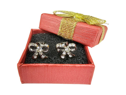 Bow Stud Earrings with CZ Crystals - Sparkling Ribbon Shaped Earrings - Kittens - Packed in a Gift Box