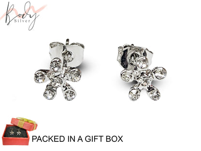 Flower Shape Stud Earrings with CZ Crystals - Sparkling 5 Petals Flower Earrings - Kittens - Packed in a Gift Box