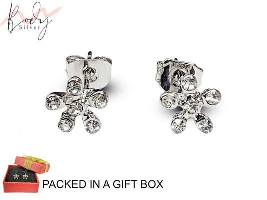 Flower Shape Stud Earrings with CZ Crystals - Sparkling 5 Petals Flower Earrings - Kittens - Packed in a Gift Box