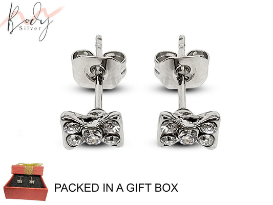 Butterfly Bow Shape Stud Earrings with CZ Crystals - Cute Earrings Gift for Her - Packed in a Gift Box