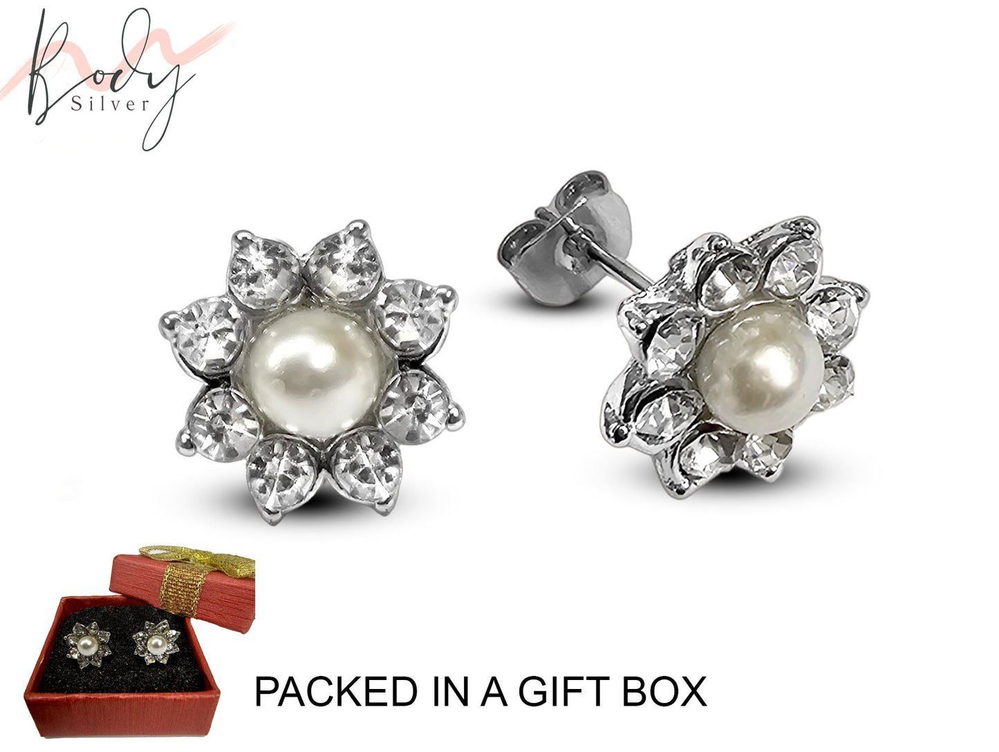 Flower Stud Earrings with Center Pearl Jewelry and CZ Crystals - Luxury Style earrings Gift for Her - Packed in a Gift Box