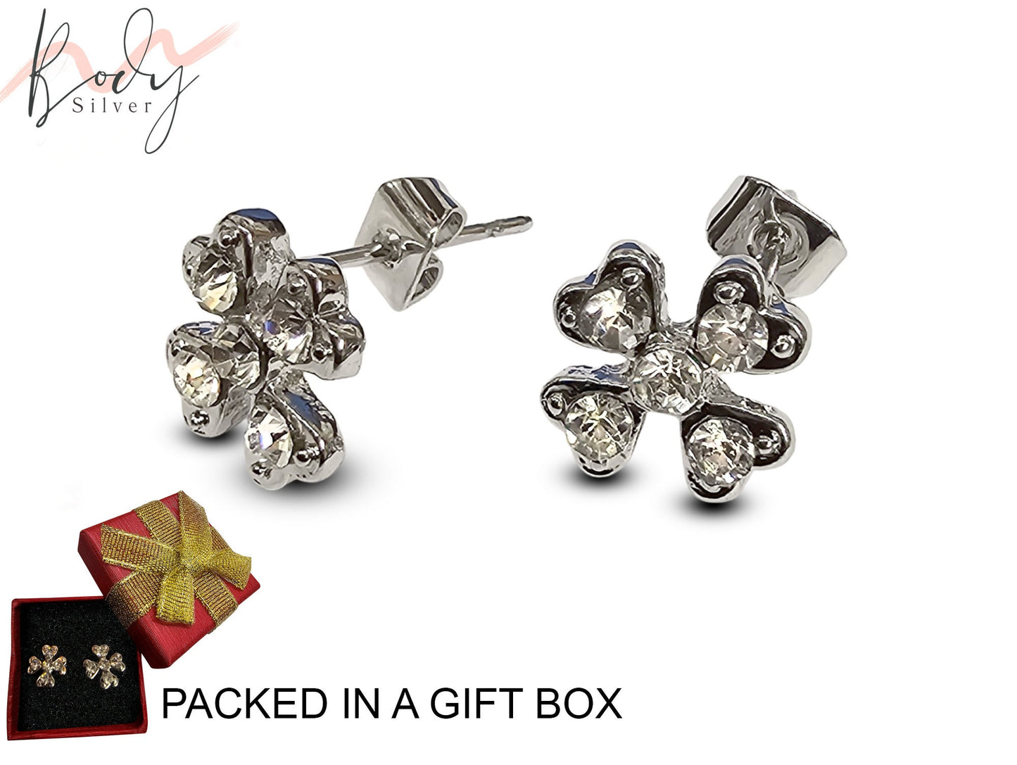 Clover Leaf Stud Earring, Lucky Leaf with CZ Crystals - Statement Earrings - Lucky Charm - Packed in a Gift Box