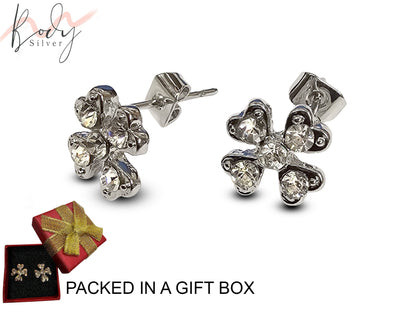 Clover Leaf Stud Earring, Lucky Leaf with CZ Crystals - Statement Earrings - Lucky Charm - Packed in a Gift Box