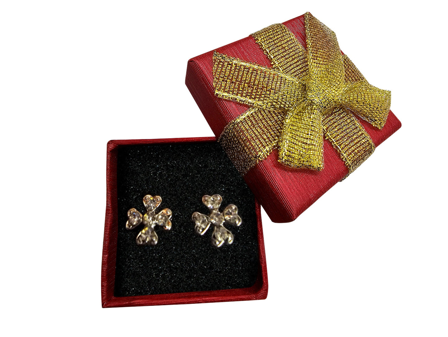 Clover Leaf Stud Earring, Lucky Leaf with CZ Crystals - Statement Earrings - Lucky Charm - Packed in a Gift Box