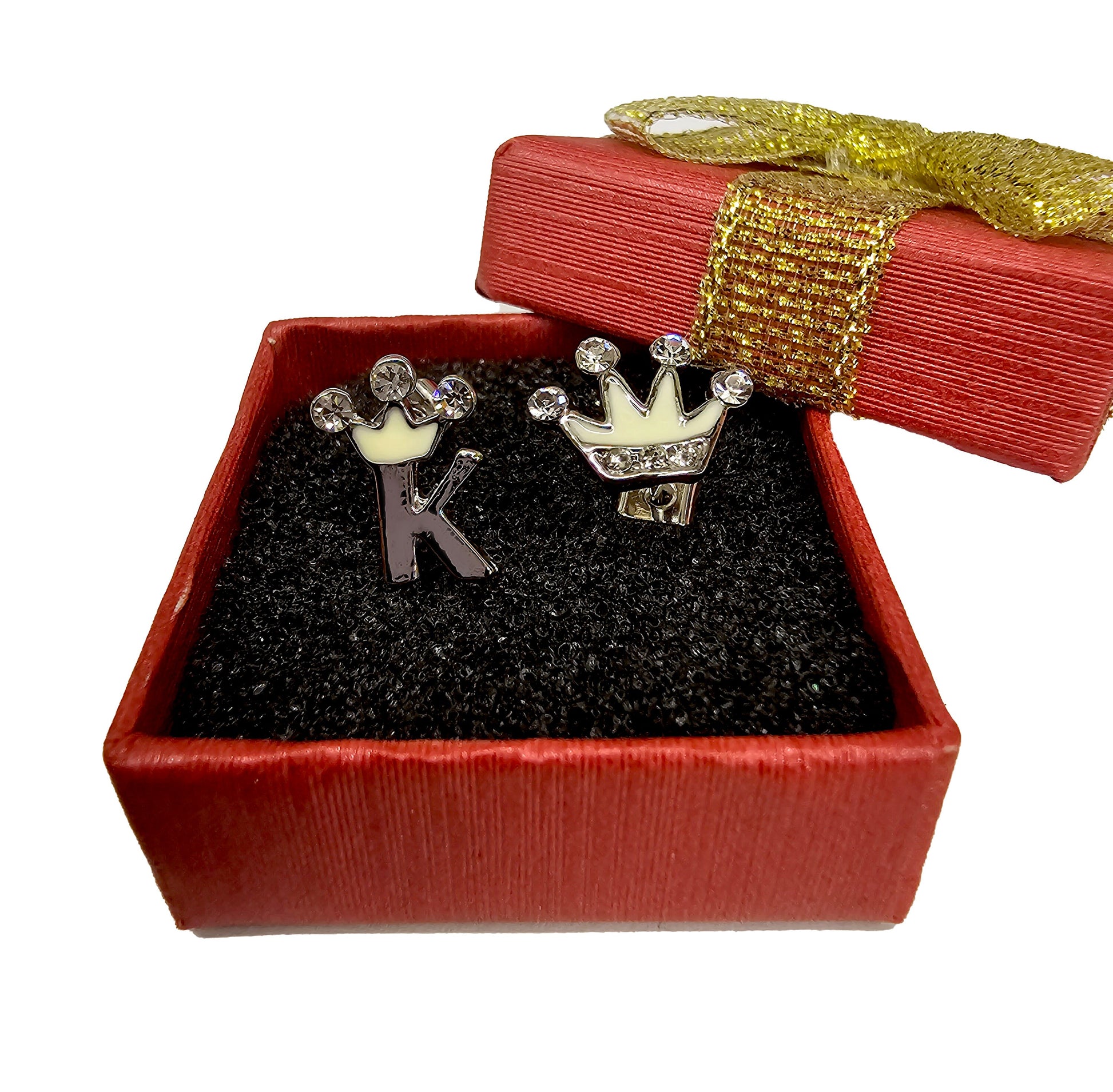 King and Queen Crown Stud Earrings with CZ Crystals - Elegant Earring Sets - Packed in a Gift Box