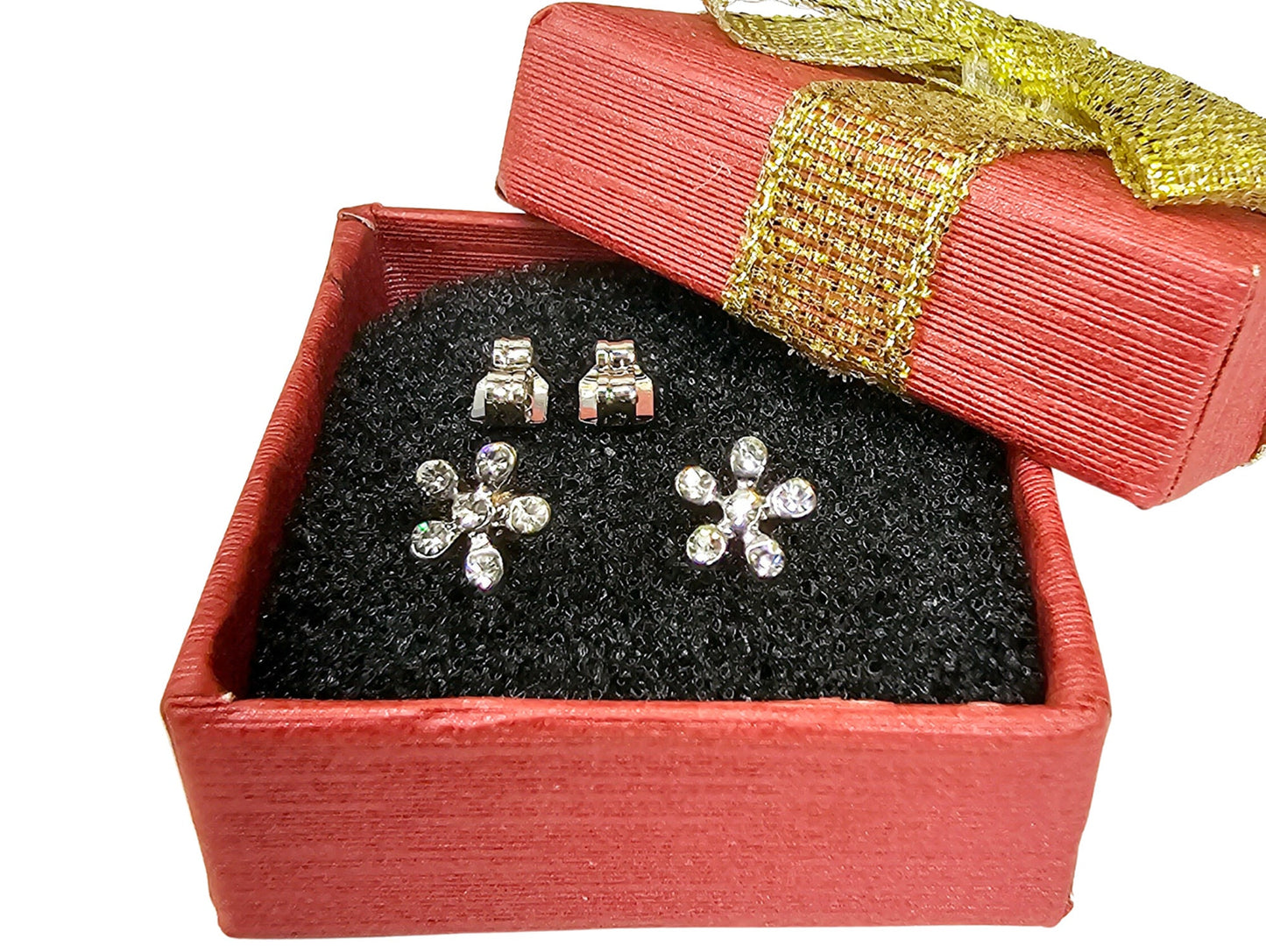 Flower Shape Stud Earrings with CZ Crystals - Sparkling 5 Petals Flower Earrings - Kittens - Packed in a Gift Box