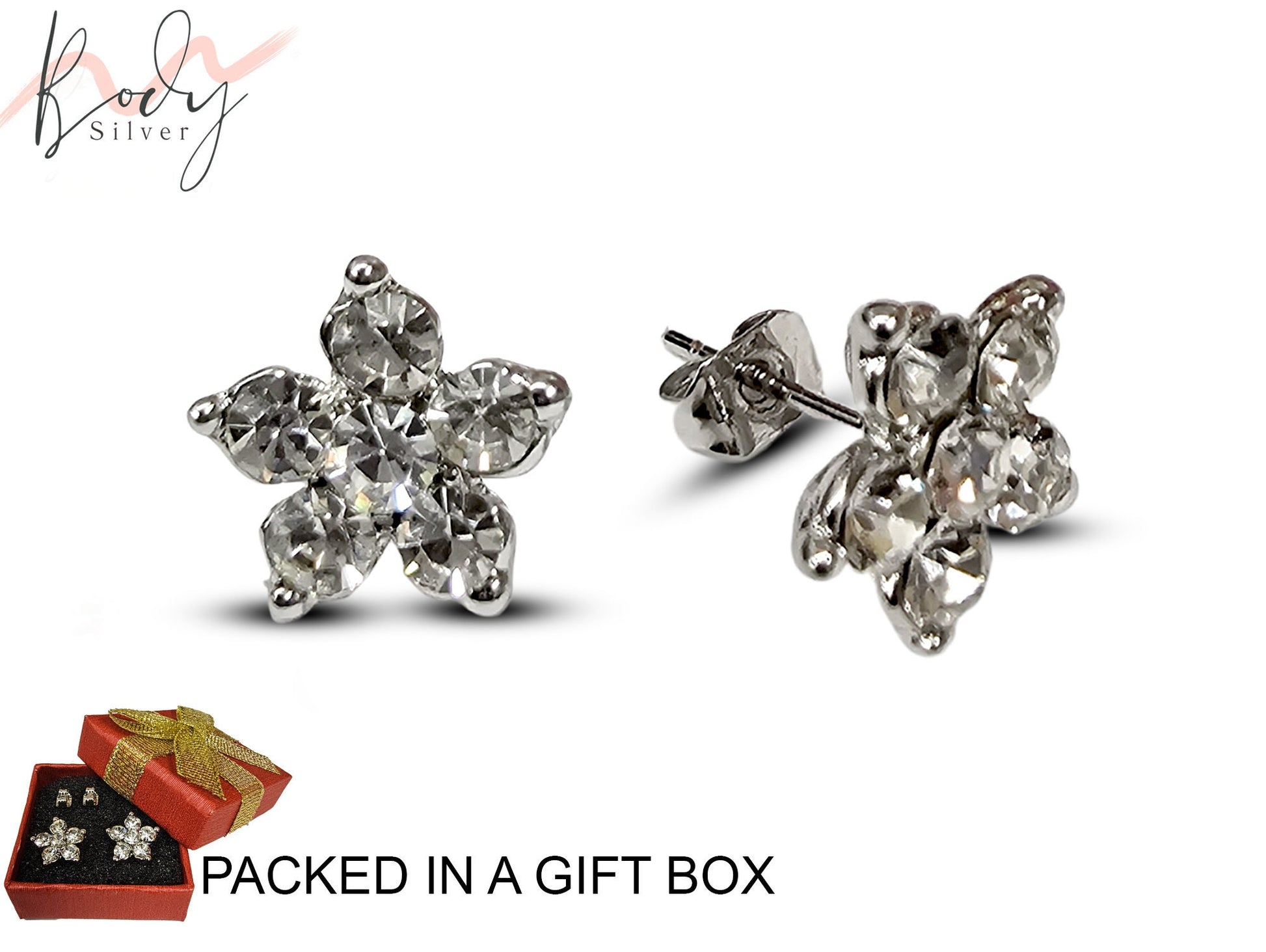 Sparkling Flower Stud Earrings with CZ Crystals - beautiful flower shaped earrings Gift for Her - Packed in a Gift Box