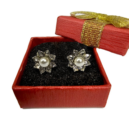 Flower Stud Earrings with Center Pearl Jewelry and CZ Crystals - Luxury Style earrings Gift for Her - Packed in a Gift Box