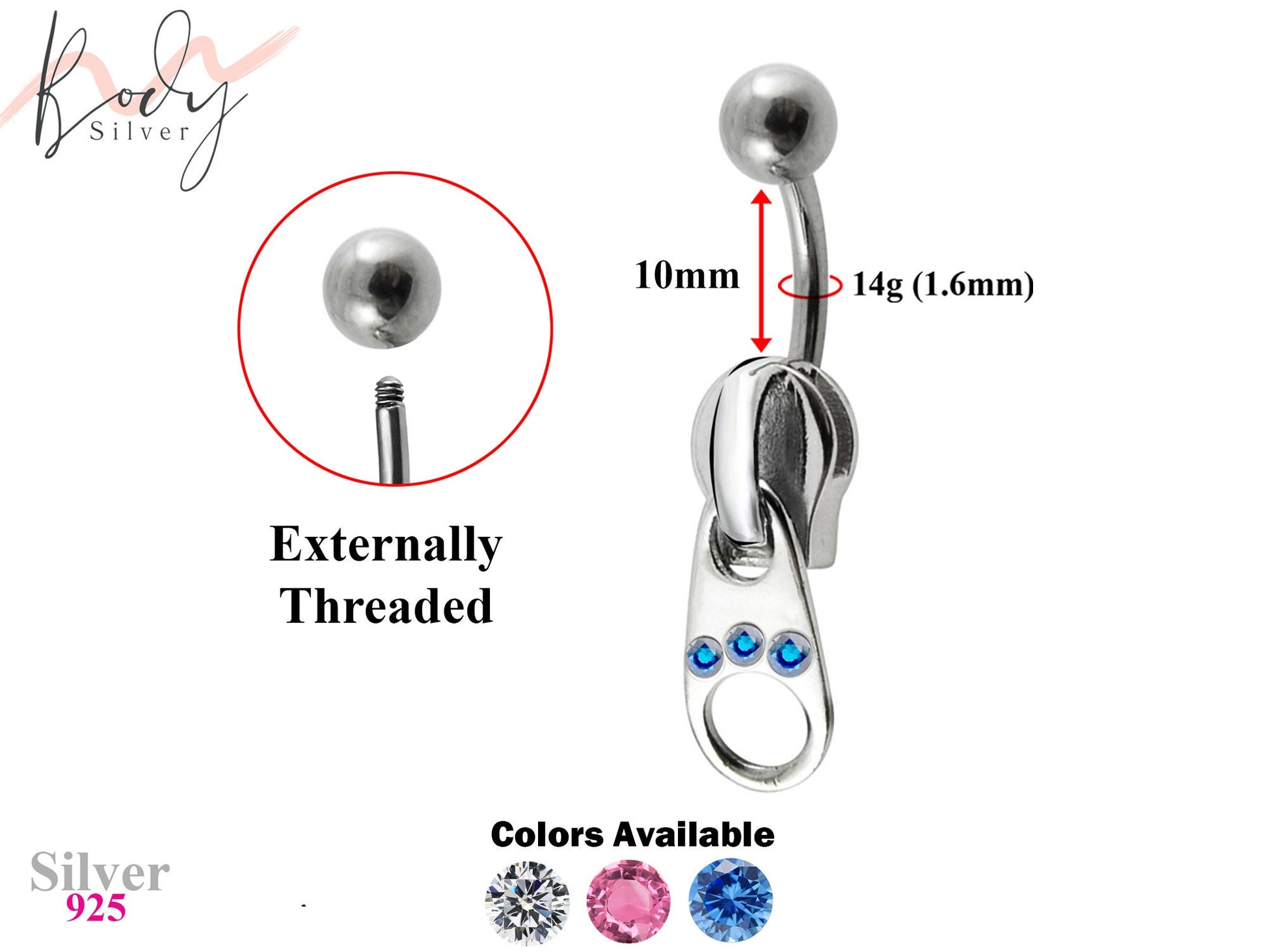 Designer Belly Button Ring - Silver - Zipper Design Belly Bars studded with CZ Crystals - Navel Jewelry - 14g (1.6mm)