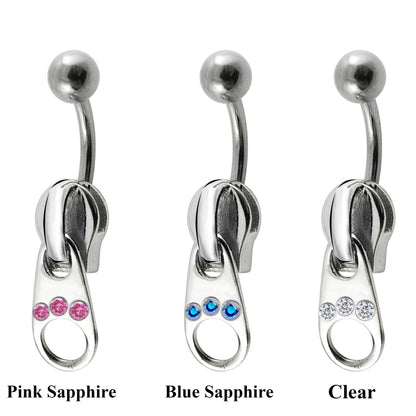 Designer Belly Button Ring - Silver - Zipper Design Belly Bars studded with CZ Crystals - Navel Jewelry - 14g (1.6mm)