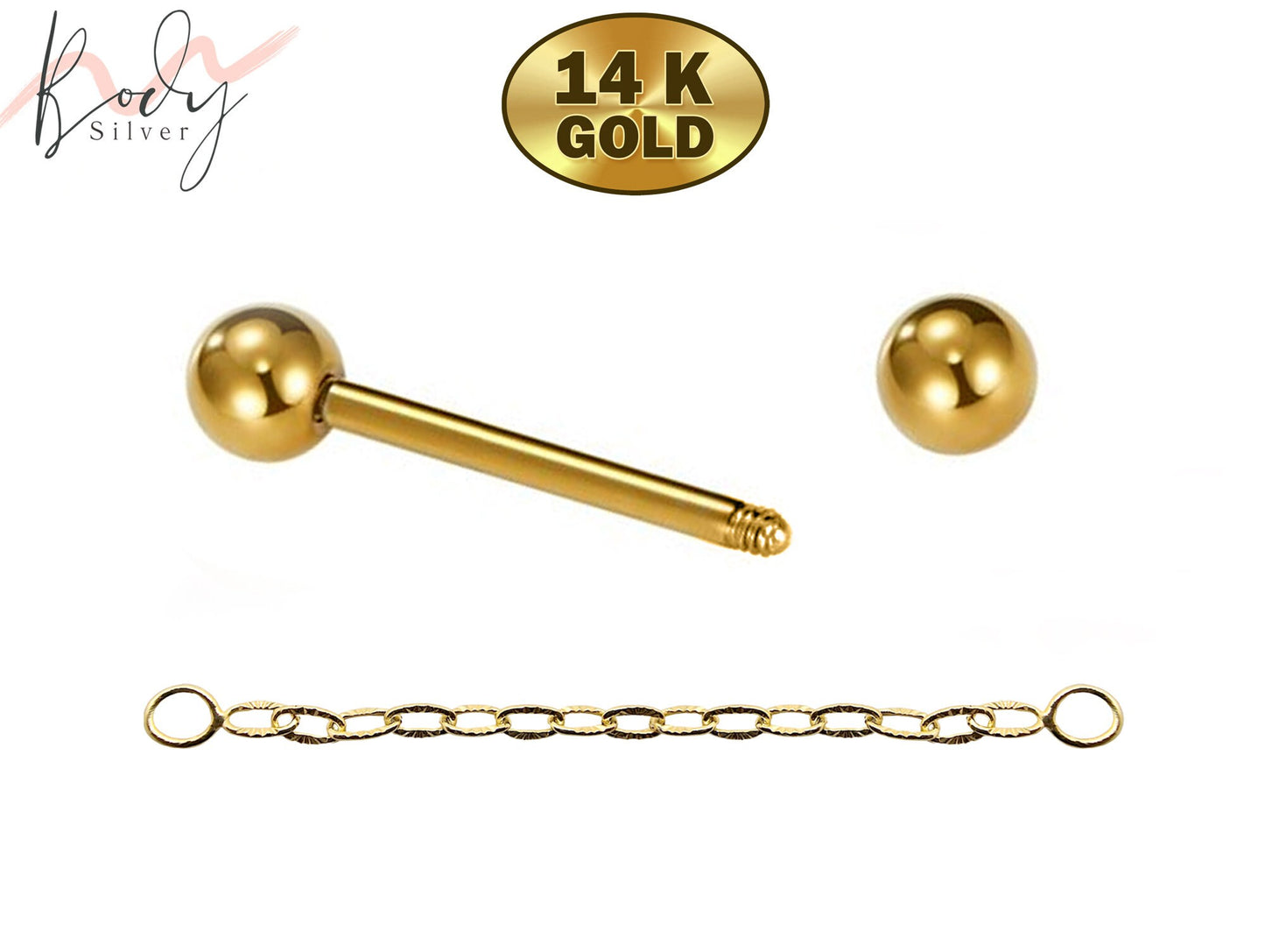 14K Gold Nose Bridge Piercing, Barbell Piercing with Gold Chain - 14g to 16g size 6mm to 12mm - Body Jewellery Nose Piercing