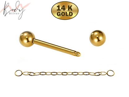 14K Gold Nose Bridge Piercing, Barbell Piercing with Gold Chain - 14g to 16g size 6mm to 12mm - Body Jewellery Nose Piercing