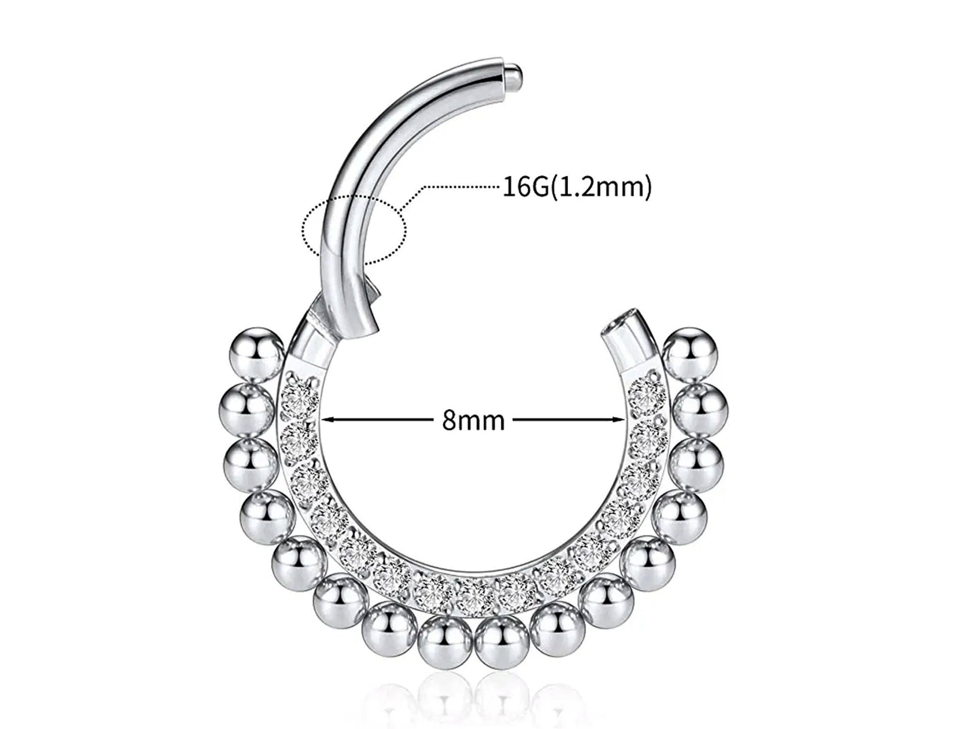 Titanium Clicker Rings, Daith Earring, Cartilage Ear Piercing with CZ Crystals - 16G size 8mm Clicker Hoops