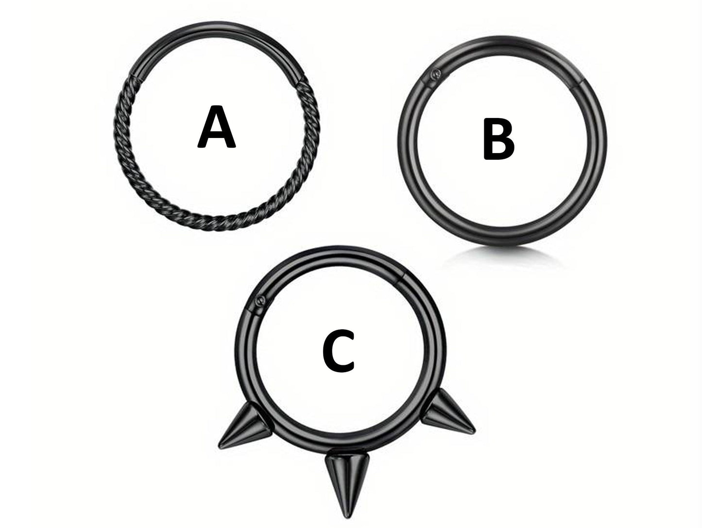 Titanium 16G Spike Septum Ring, Nose Piercing, Clicker Ring with 3 Different Styles - Size 10mm Clicker hoops