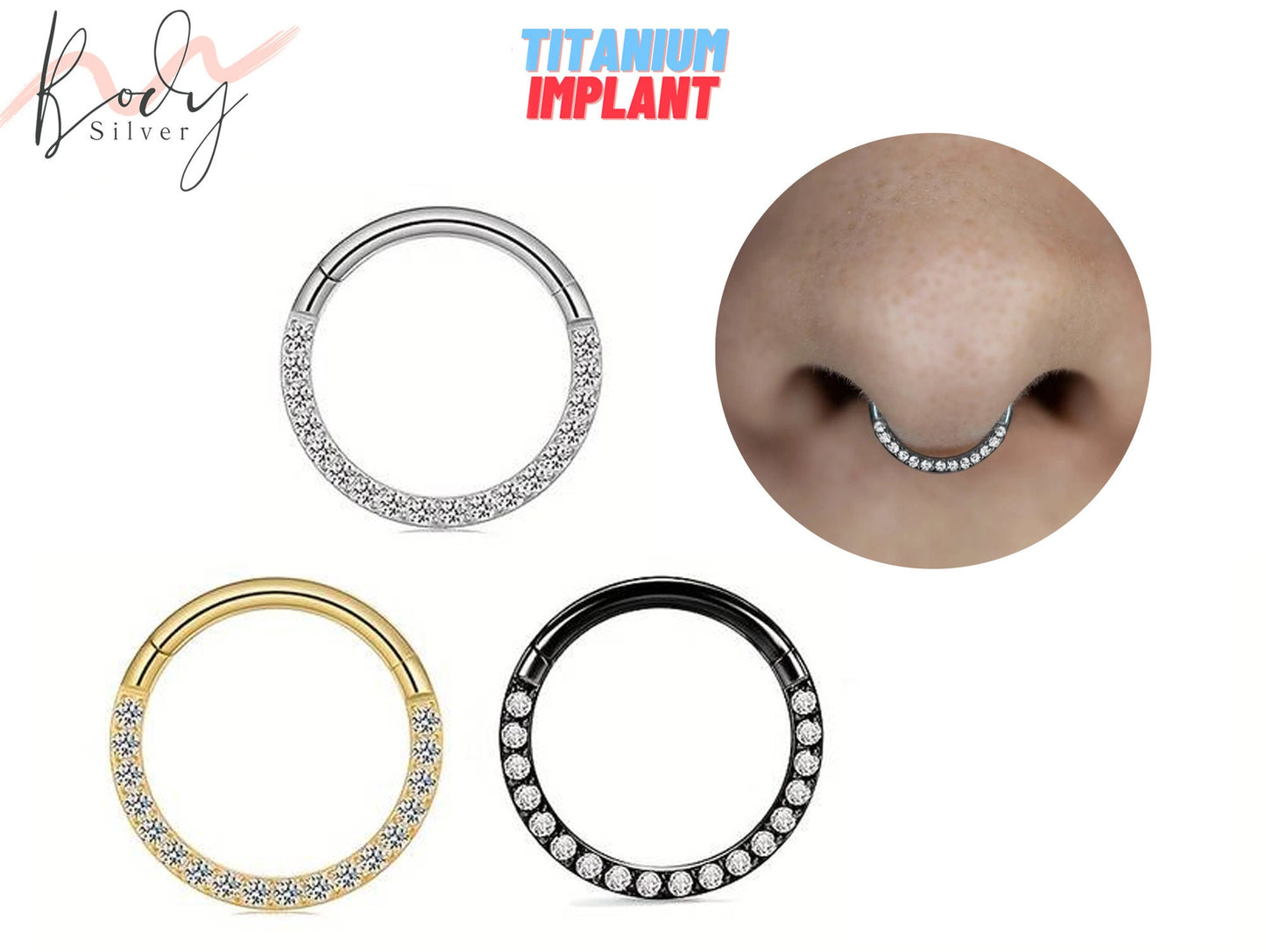 Titanium Septum Clicker, Septum piercing, Nose Ring with CZ Crystals - 18G Segment Hinged Ring size 8mm to 10mm