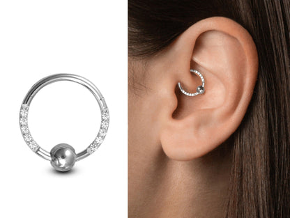 Titanium Clicker Daith Ring, Ball Hoops Hinged Ring with CZ Crystals - 18G size 10mm Clicker Hoops - Body Jewellery Ear Piercing