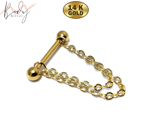 14K Gold Nose Bridge Barbell Piercing, Nipple Piercing with Double Gold Chain - 14g to 16g size 6mm to 12mm - Body Jewellery Nose Piercing