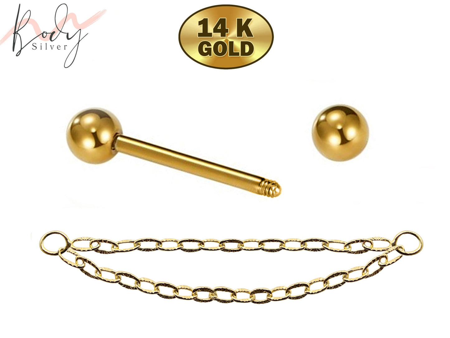 14K Gold Nose Bridge Barbell Piercing, Nipple Piercing with Double Gold Chain - 14g to 16g size 6mm to 12mm - Body Jewellery Nose Piercing