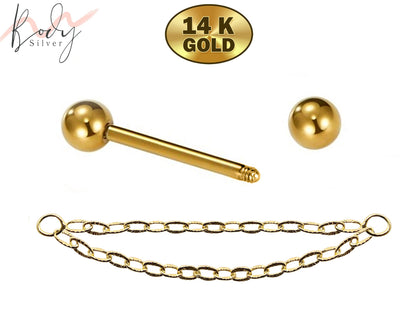 14K Gold Nose Bridge Barbell Piercing, Nipple Piercing with Double Gold Chain - 14g to 16g size 6mm to 12mm - Body Jewellery Nose Piercing