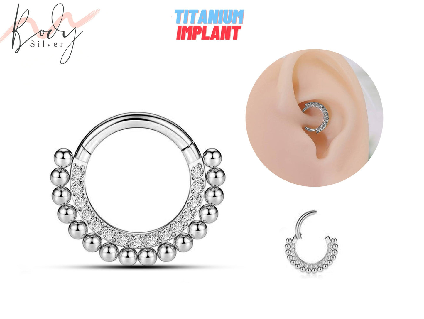 Titanium Clicker Rings, Daith Earring, Cartilage Ear Piercing with CZ Crystals - 16G size 8mm Clicker Hoops