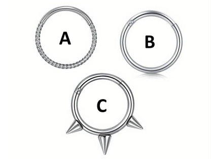 Titanium 16G Spike Septum Ring, Nose Piercing, Clicker Ring with 3 Different Styles - Size 10mm Clicker hoops