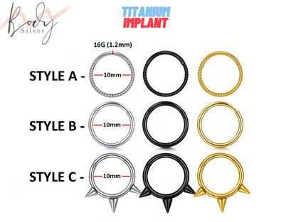 Titanium 16G Spike Septum Ring, Nose Piercing, Clicker Ring with 3 Different Styles - Size 10mm Clicker hoops