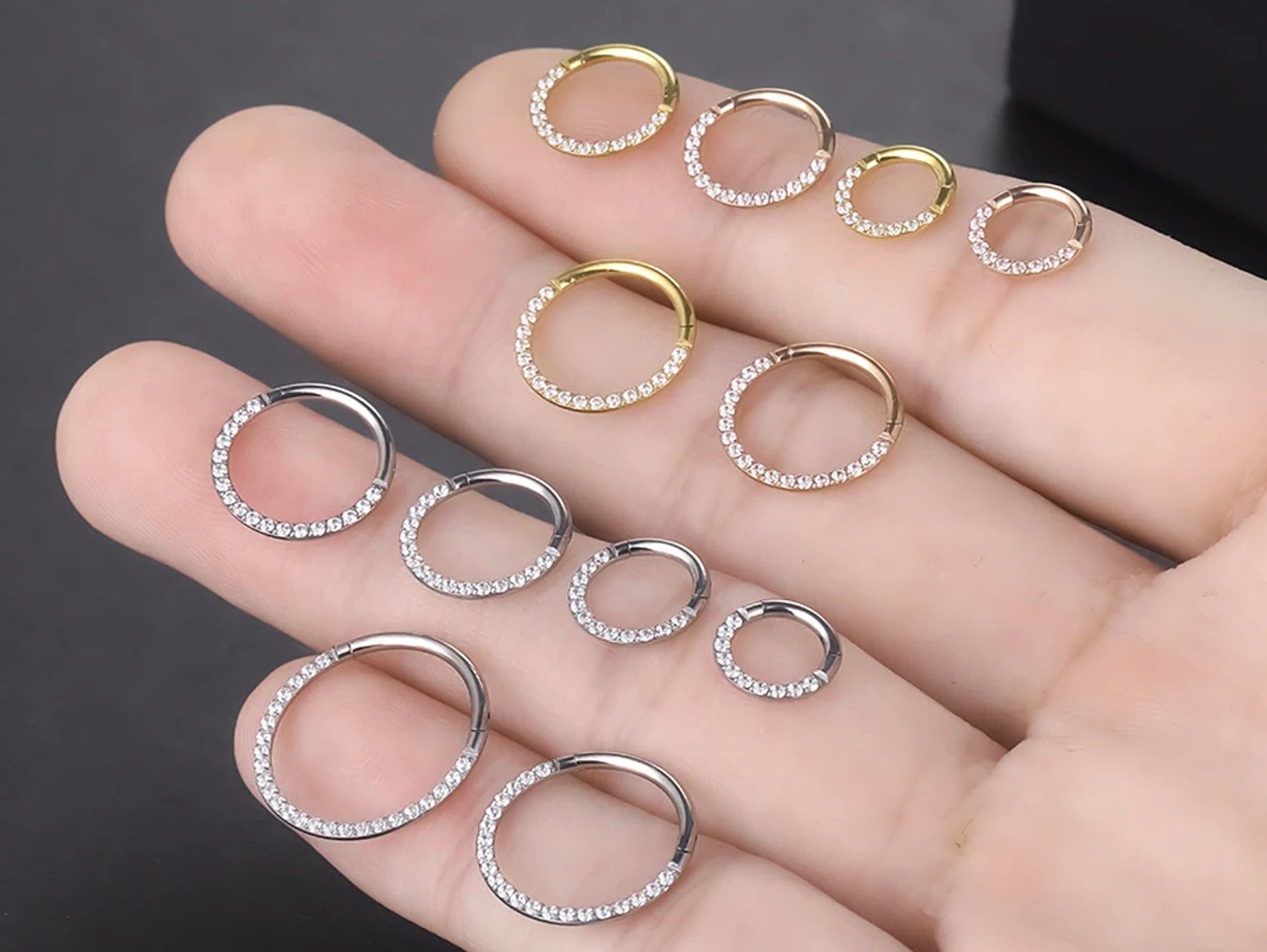 Titanium Septum Clicker, Septum piercing, Nose Ring with CZ Crystals - 18G Segment Hinged Ring size 8mm to 10mm