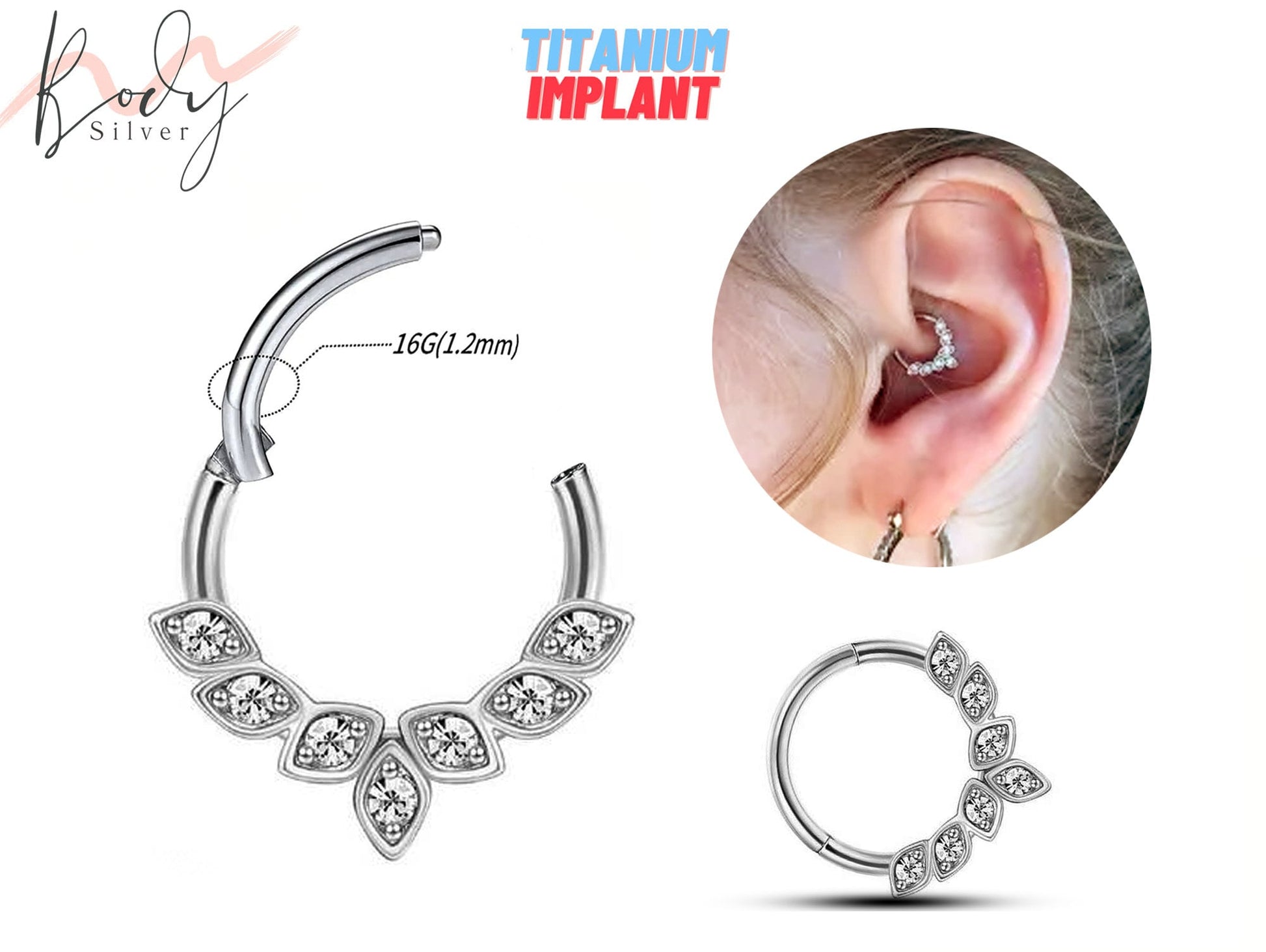 Titanium Daith Earring Cartilage Ear Piercing with CZ Crystals - 16G size 8mm to 10mm Clicker Hoops