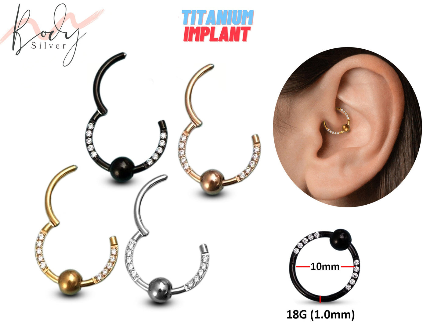 Titanium Clicker Daith Ring, Ball Hoops Hinged Ring with CZ Crystals - 18G size 10mm Clicker Hoops - Body Jewellery Ear Piercing