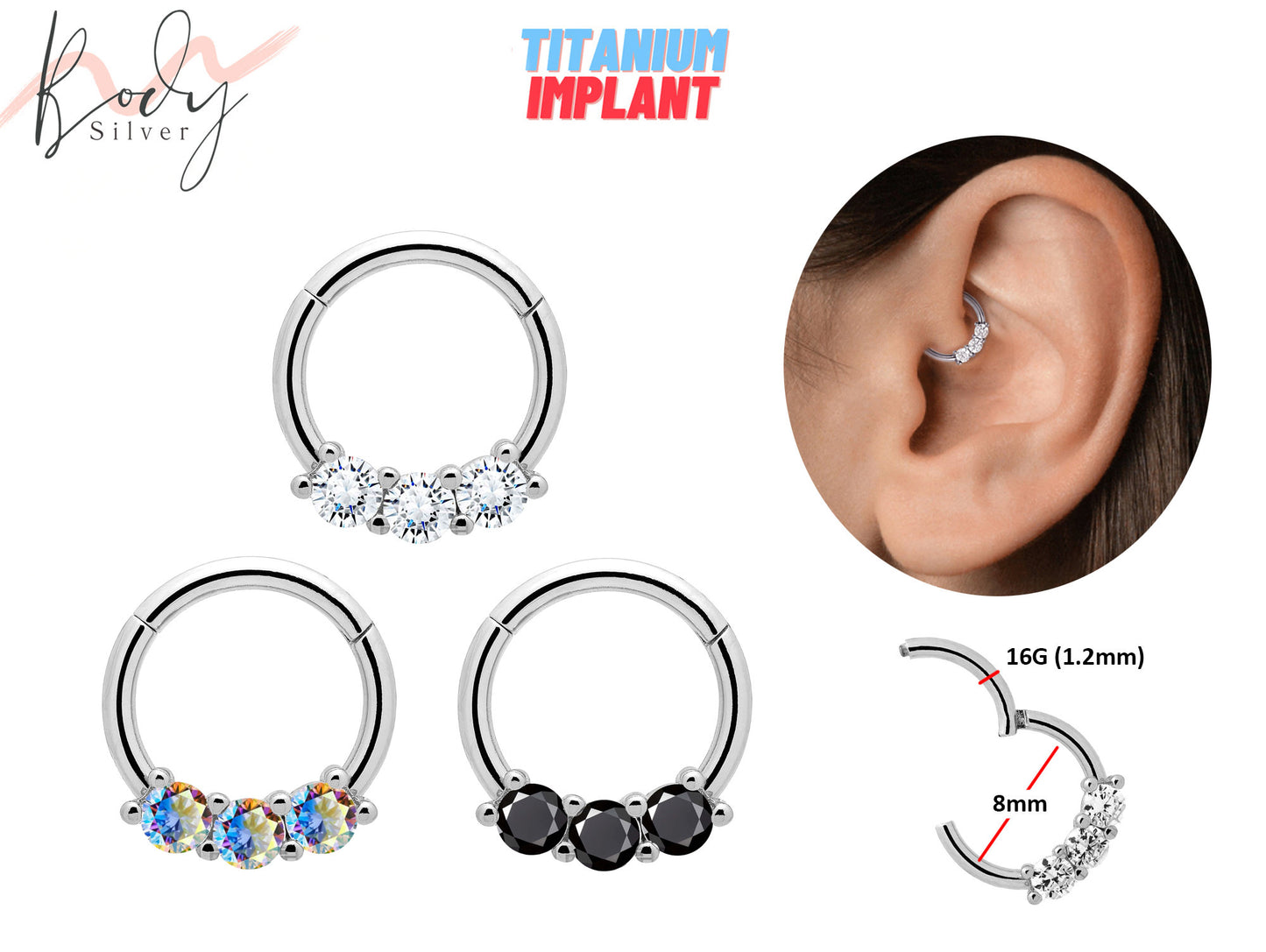 Titanium Daith Clicker Earrings, Cartilage Piercing with Prong set 3 Crystals - 16G size 8mm Clicker Hoops - Body Jewellery Ear Piercing