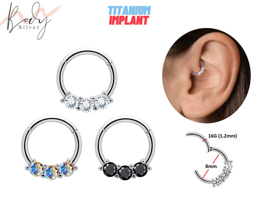 Titanium Daith Clicker Earrings, Cartilage Piercing with Prong set 3 Crystals - 16G size 8mm Clicker Hoops - Body Jewellery Ear Piercing